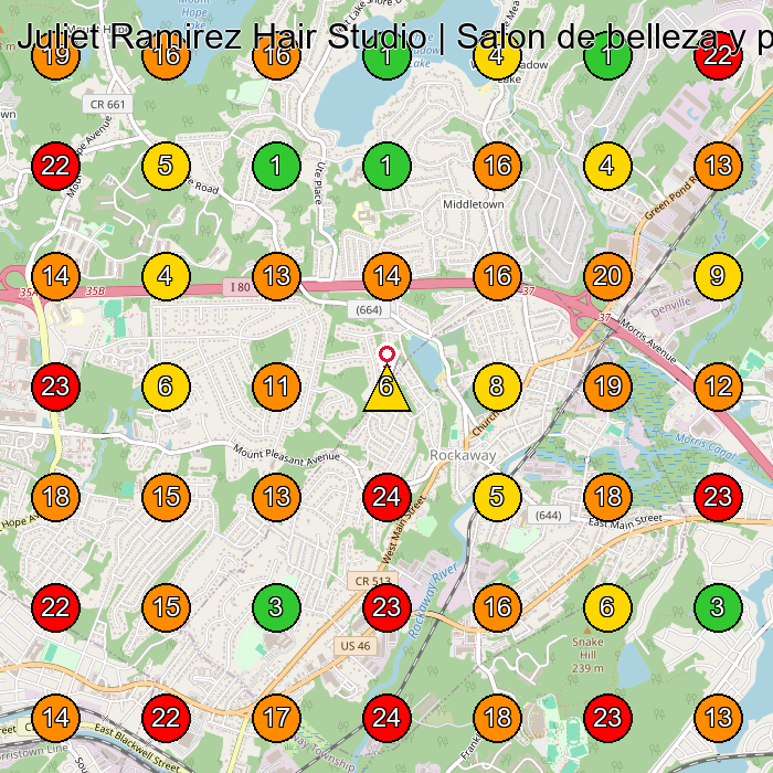 Juliet Ramirez Hair Studio | Salon de belleza y productos: Balayage, Highlights, Color, Shampoo, Conditioner, Mask, & Oils Beauty Salon GeoGrid ranking map for Rockaway NJ